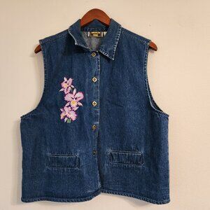 Vtg American Rave Denim Double Side Embroidered Collared Vest Size M, Cotton Y2K